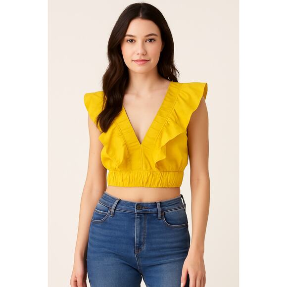 Japna Yellow Ruffle V-Neck Boho Crop Top Women’s Size Small NWT Sleeveless - Picture 1 of 7